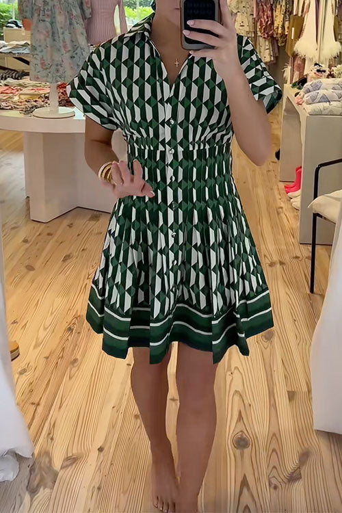 Short Sleeves Button Up Geometric Print Mini Dress