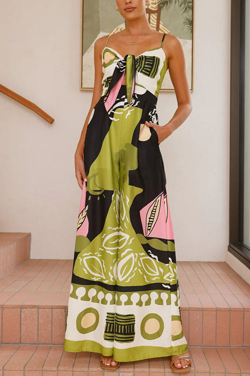 Trixiedress Tie Front Cut Out Wide Leg Printed Cami Jumpsuit