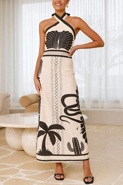 Trixiedress Palm Canyon Print Criss Cross Halter Maxi Dress