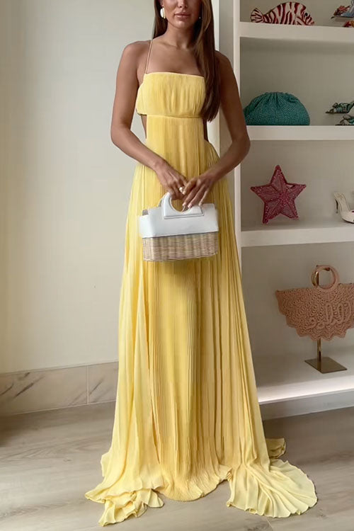 Trixiedress Spaghetti Strap Back Cut Out Pleated Maxi Dress