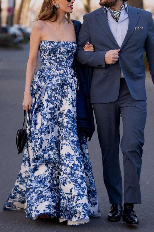 Trixiedress Strapless Back Lace-up Print Maxi Party Dress