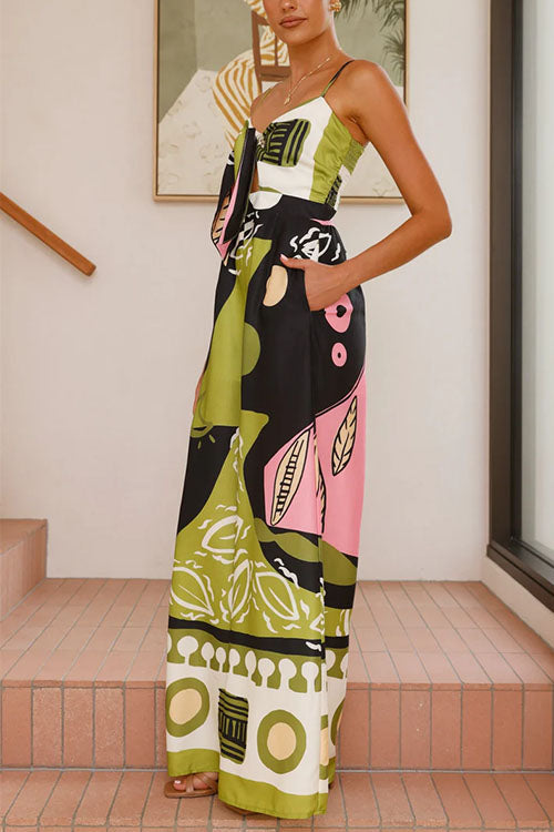 Trixiedress Tie Front Cut Out Wide Leg Printed Cami Jumpsuit