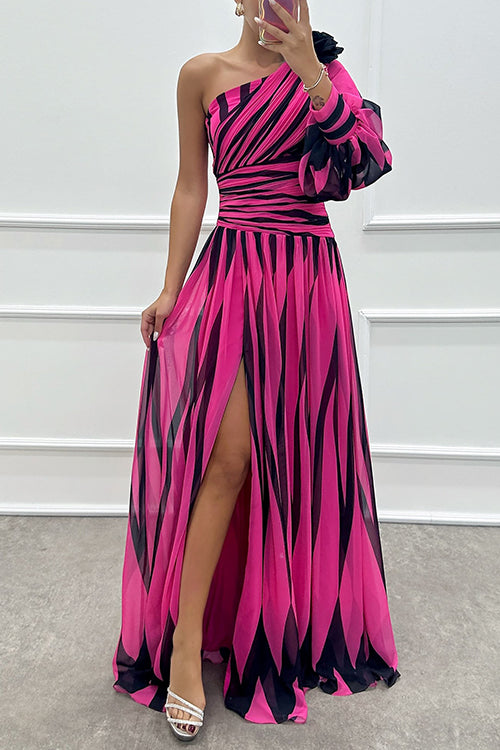Trixiedress One Shoulder Waisted Slit Printed Maxi Dress
