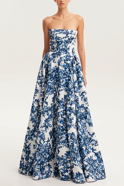 Trixiedress Strapless Back Lace-up Print Maxi Party Dress