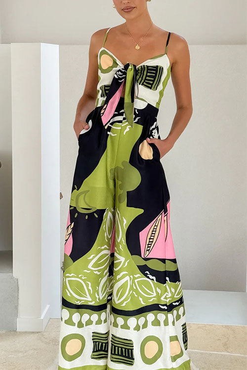 Trixiedress Tie Front Cut Out Wide Leg Printed Cami Jumpsuit