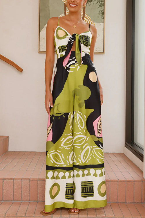 Trixiedress Tie Front Cut Out Wide Leg Printed Cami Jumpsuit