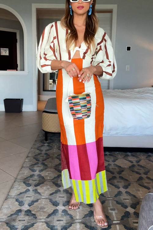 Trixiedress Knot Front Cut Out Puff Sleeves Side Slit Printed Midi Dress