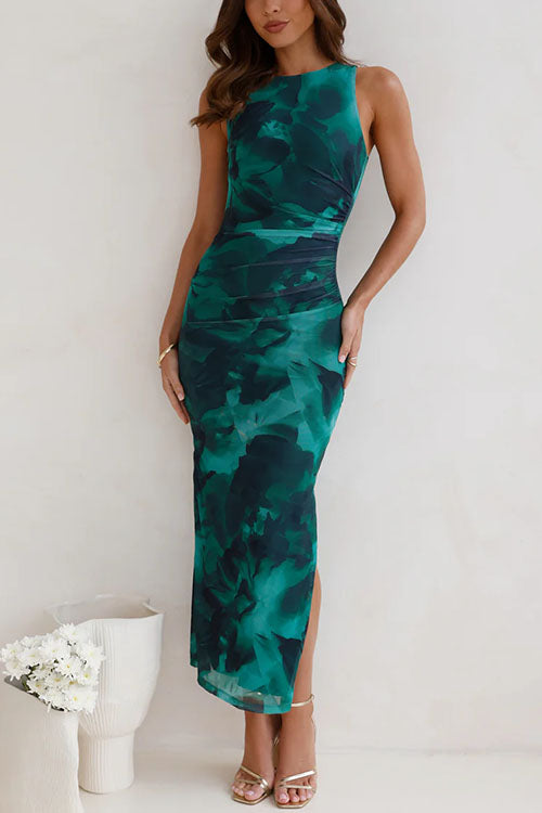 Trixiedress Sleeveless Side Slit Printed Bodycon Midi Dress