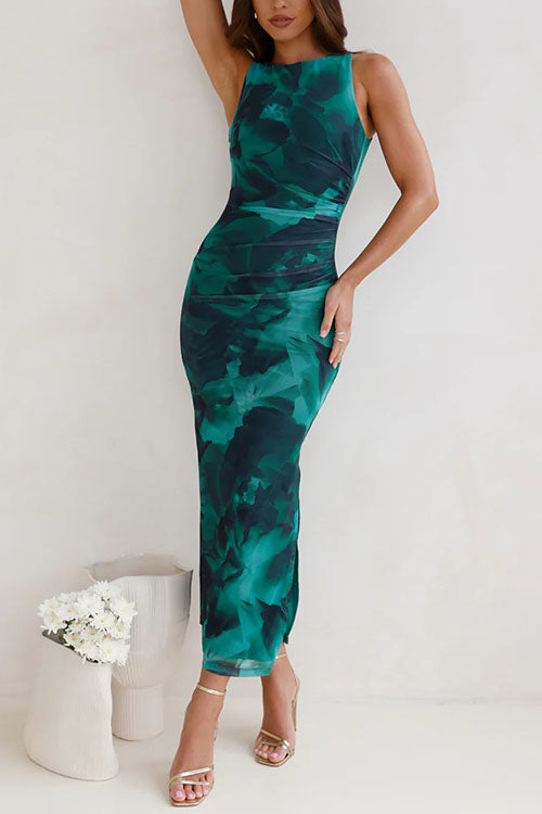 Trixiedress Sleeveless Side Slit Printed Bodycon Midi Dress