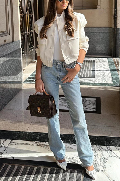 Trixiedress Button Up Pocketed Cropped Bomber Jacket