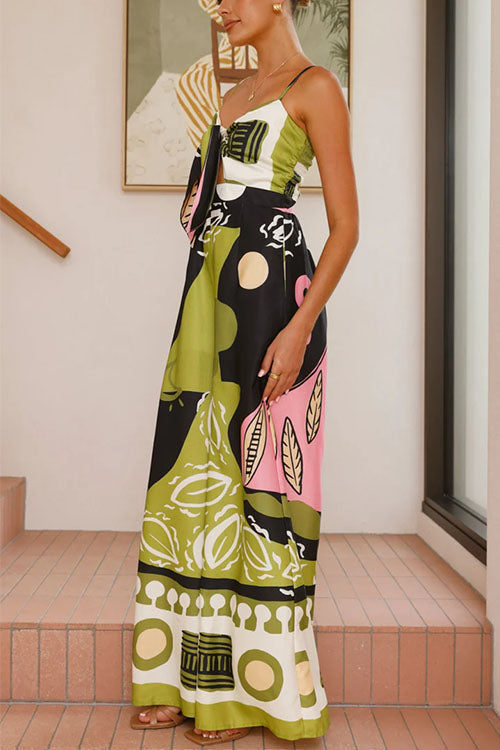 Trixiedress Tie Front Cut Out Wide Leg Printed Cami Jumpsuit