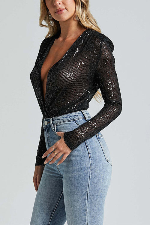 Trixiedress Wrap Deep V Neck Long Sleeves Sequin Bodysuit