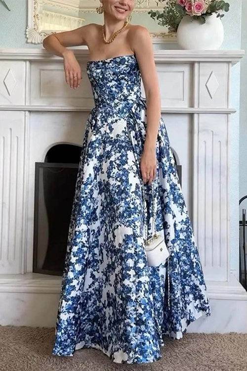 Trixiedress Strapless Back Lace-up Print Maxi Party Dress