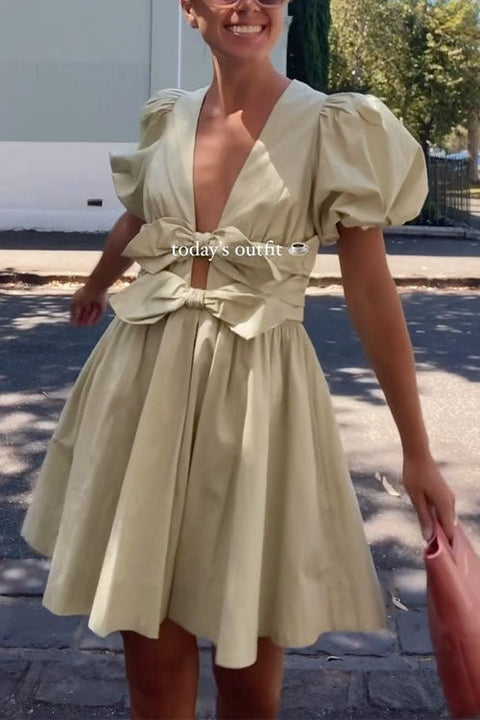 Trixiedress Deep V Neck Puff Sleeves Bow Knot Swing Dress