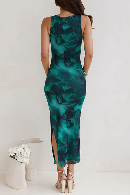 Trixiedress Sleeveless Side Slit Printed Bodycon Midi Dress