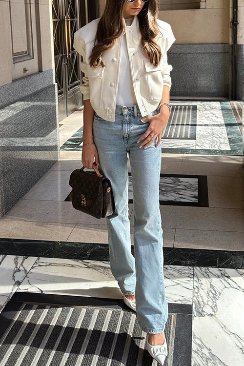 Trixiedress Button Up Pocketed Cropped Bomber Jacket