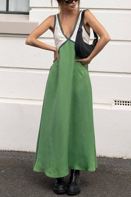 Trixiedress V Neck Color Block Sleeveless Maxi Swing Dress