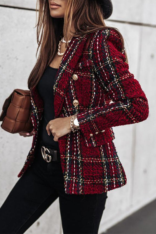 Trixiedress Double Breasted Open Front Plaid Blazer Jacket