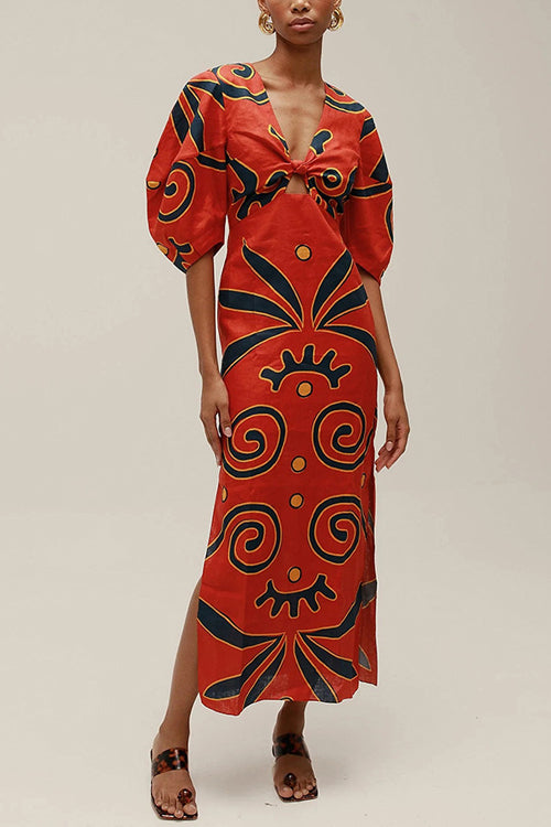 Trixiedress Knot Front Cut Out Puff Sleeves Side Slit Printed Midi Dress