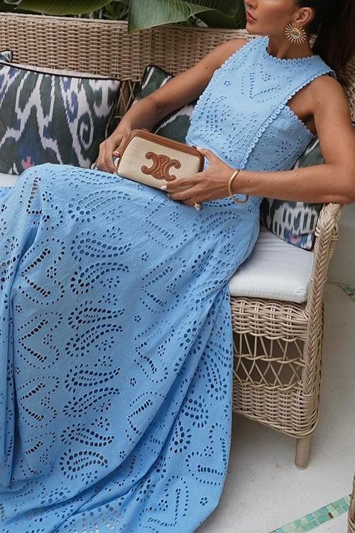 Trixiedress Lace Hollow Out Crewneck Crop Tank Top High Waist Maxi Swing Skirt Set