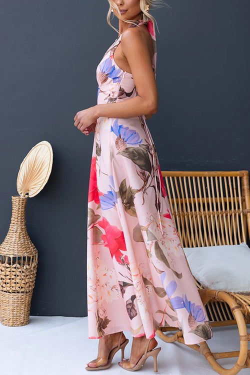 Halter V Neck Lace-up Floral Print Swing Maxi Dress
