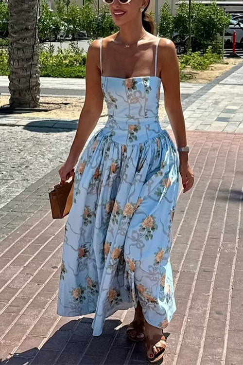 Trixiedress Spaghetti Strap Waisted Floral Print A-line Maxi Dress