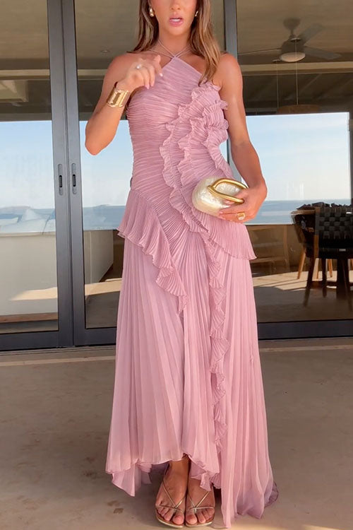Trixiedress Strappy Halter Neck Ruffle Trim Asymmetric Hem Pleated Maxi Dress