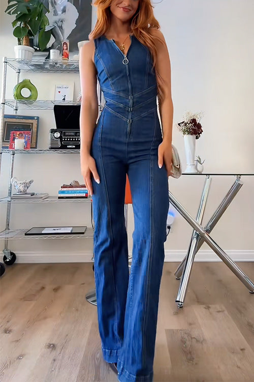 Trixiedress Zip Up Sleeveless Heart Back Bell Bottom Denim Jumpsuit