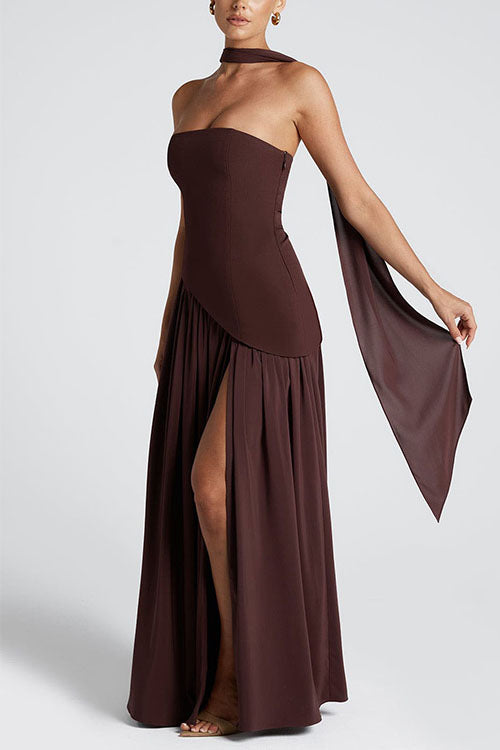 Trixiedress Strapless Back Lace-up High Slit Splice Maxi Dress