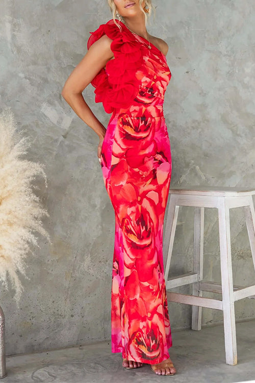 Trixiedress Ruffle One Shoulder Floral Print Bodycon Maxi Dress