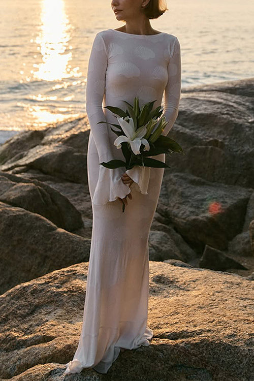 Trixiedress Bell Long Sleeves Backless Lace-up Shell Print Maxi Dress