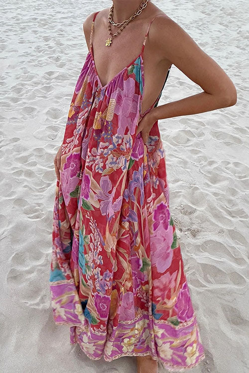 Trixiedress V Neck Spaghetti Strap Backless Floral Print Maxi Vacation Dress