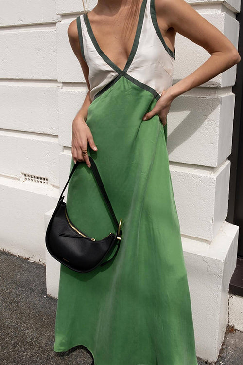 Trixiedress V Neck Color Block Sleeveless Maxi Swing Dress