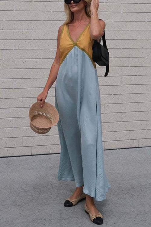 Trixiedress V Neck Color Block Sleeveless Maxi Swing Dress
