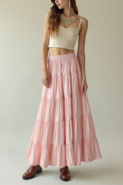 Trixiedress Smocked Elastic Waist Ruffle Tiered Maxi Skirt