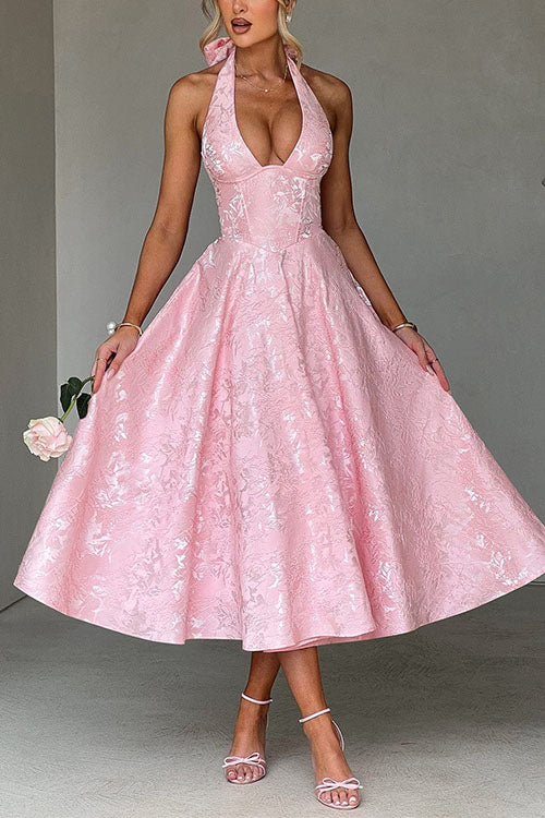 Trixiedress Halter V Neck Waisted Jacquard Swing Midi Party Dress