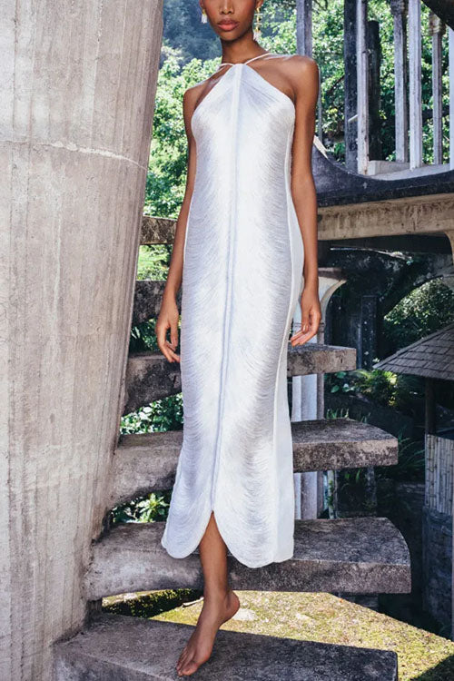 Trixiedress Chicest Halter Draped Fringe Maxi Party Dress