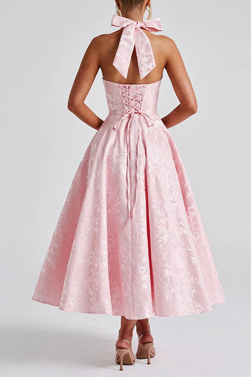 Trixiedress Halter V Neck Waisted Jacquard Swing Midi Party Dress