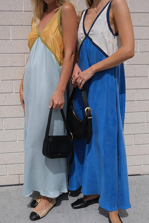 Trixiedress V Neck Color Block Sleeveless Maxi Swing Dress