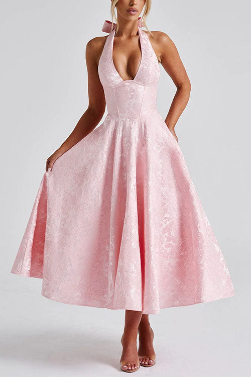 Trixiedress Halter V Neck Waisted Jacquard Swing Midi Party Dress