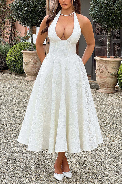 Trixiedress Halter V Neck Waisted Jacquard Swing Midi Party Dress