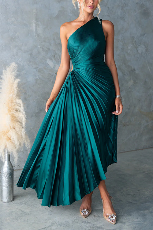 Trixiedress One Shoulder Cut Out Waist Pleated Satin Maxi Dress