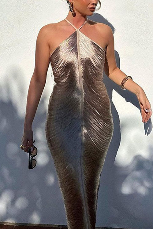 Trixiedress Chicest Halter Draped Fringe Maxi Party Dress