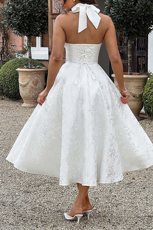 Trixiedress Halter V Neck Waisted Jacquard Swing Midi Party Dress