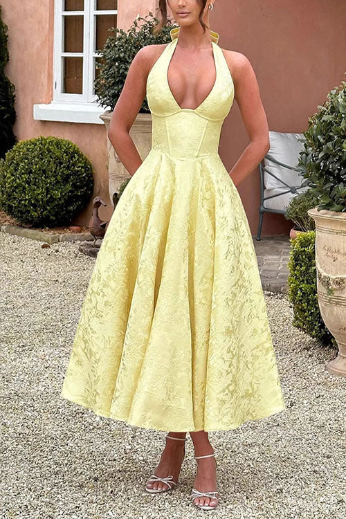 Trixiedress Halter V Neck Waisted Jacquard Swing Midi Party Dress
