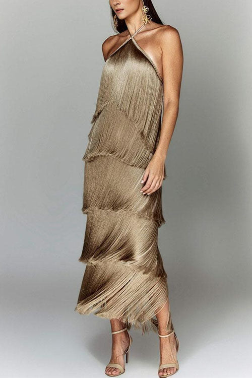 Trixiedress Chicest Halter Ruffle Layered Fringe Maxi Party Dress