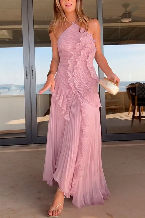 Trixiedress Strappy Halter Neck Ruffle Trim Asymmetric Hem Pleated Maxi Dress