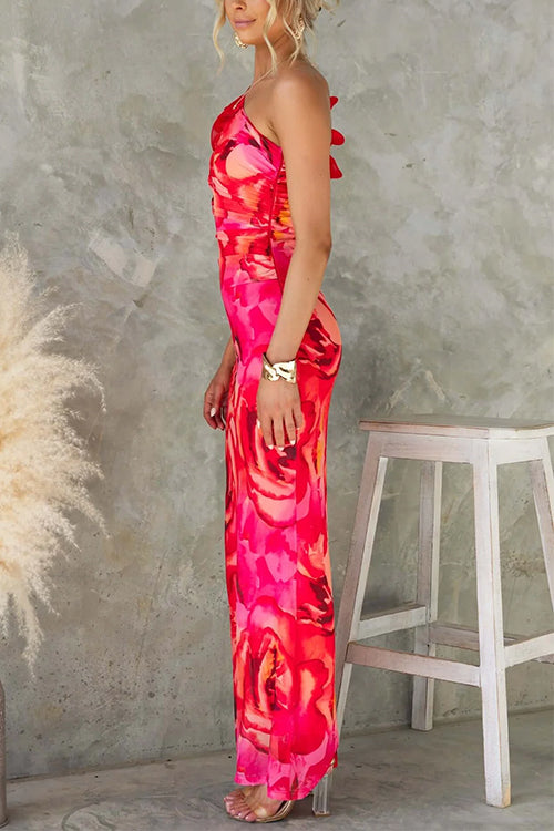 Trixiedress Ruffle One Shoulder Floral Print Bodycon Maxi Dress