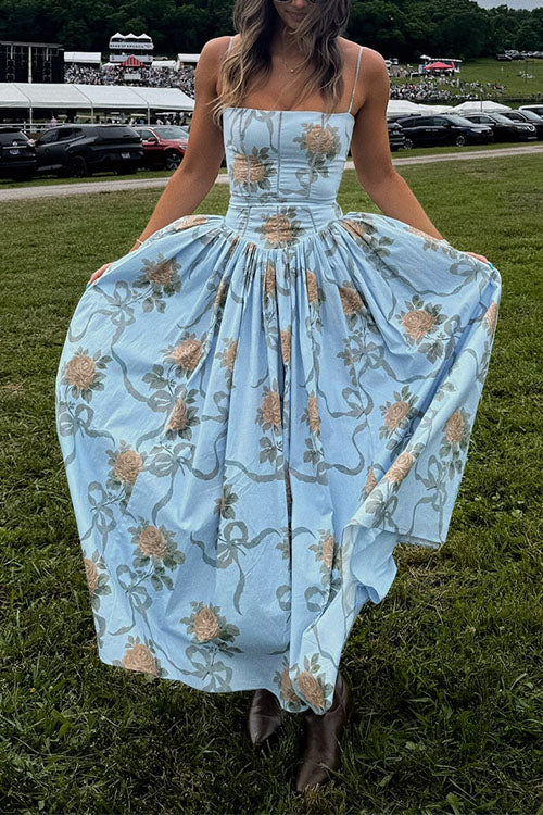 Trixiedress Spaghetti Strap Waisted Floral Print A-line Maxi Dress