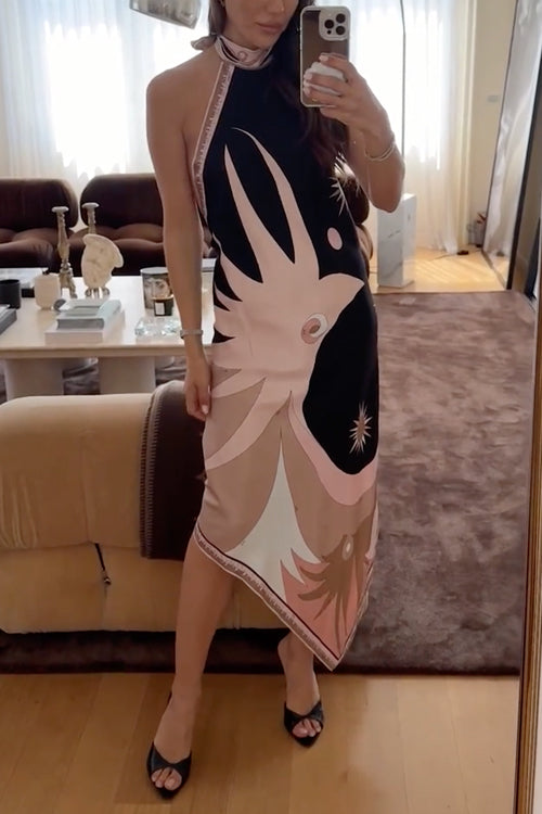 Trixiedress Halter Neck Open Back Asymmetric Hem Printed Satin Midi Dress